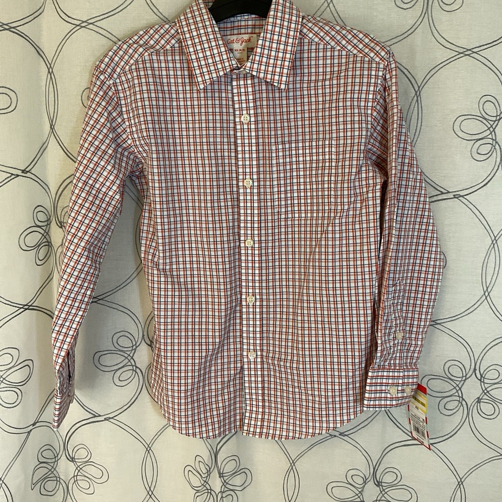 New Boys Orange/navy Check Log Sleeve Button Up Shirt‎ Size XS 4/5